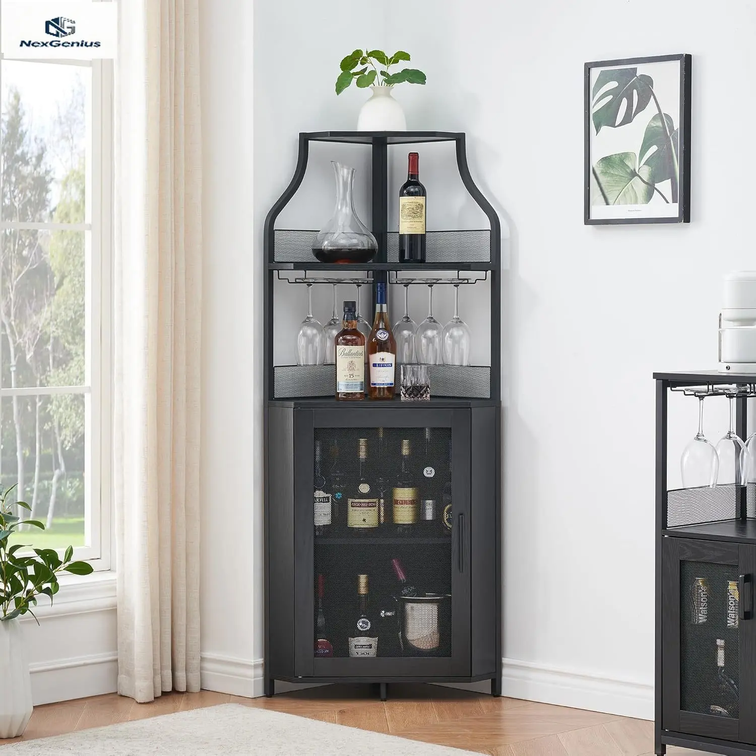 

Black Corner Bar Cabinet 5 Tier Industrial Buffet Detachable Wine Rack Glass Holder Barn Door Home Bar