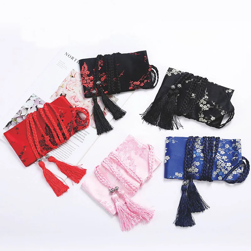 Vintage Floral Embroidered Waistband for Women Elegant Chinese Style Bow Tie Wrap Around Belt with Tassels for Dress Clothing