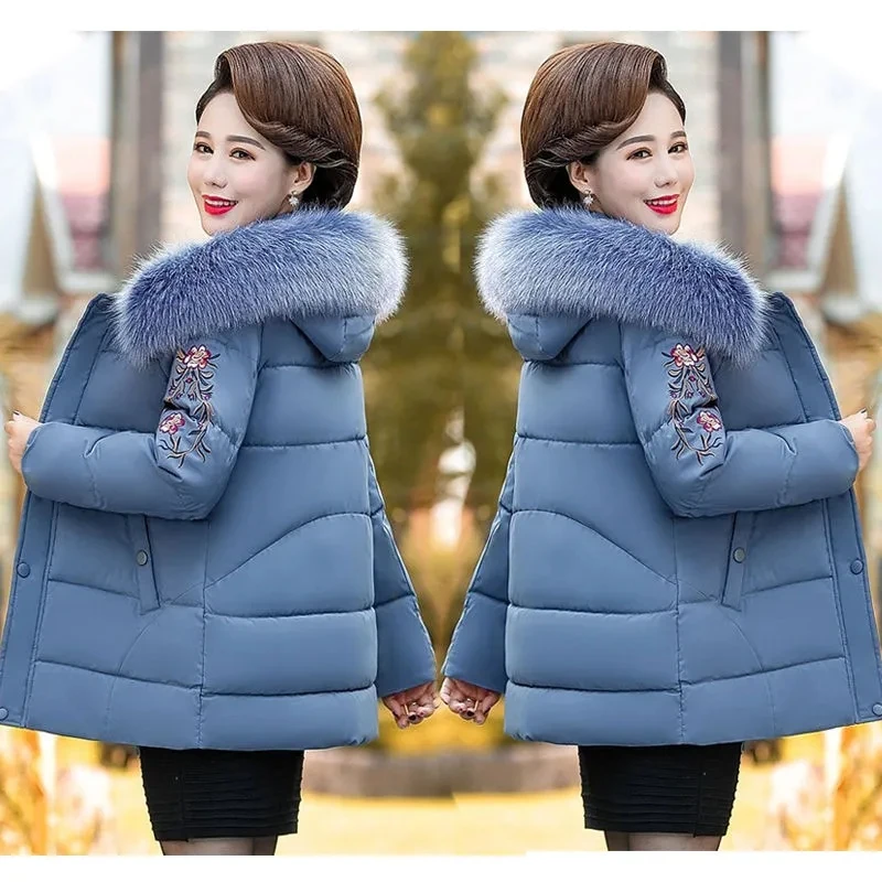 Middle Aged Female Down Cotton Jacket New Fashion Hooded Thick Warm Mid-length Outerwear Women Parkas Coat Large fur collar Coat