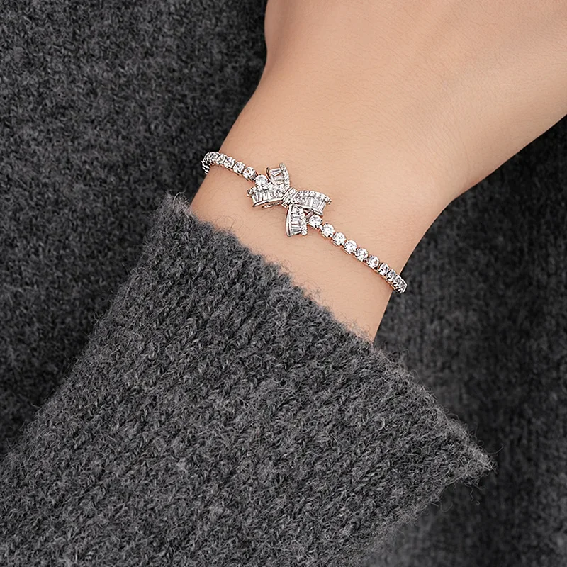 Super Flash Zircon Bow Adjustable Bracelet for Women French Light Luxury Versatile Bracelets Simple New Trendy Jewelry Wedding K view 5