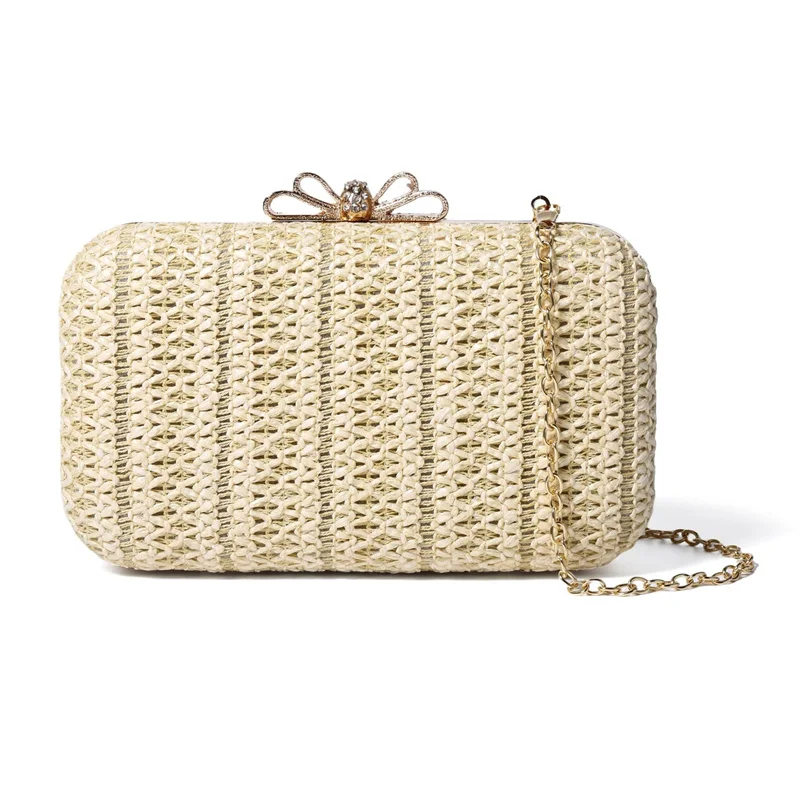 

Summer Party Straw Woven Handbag for Women Boho Style Bow Buckle Box Clutch Bag Simple Outdoor Wedding Party Evening Purse