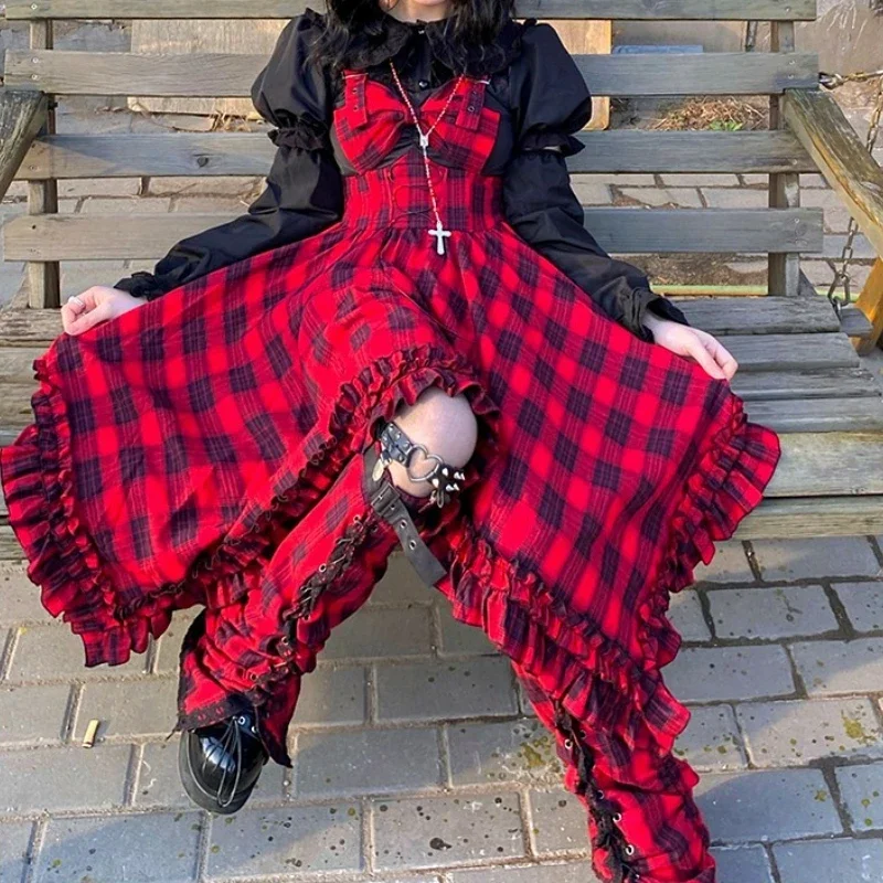 Japanese Y2k Punk Style Lolita Jsk Dress Women Red Bow Plaid Irregular Ruffles Dresses Autumn Clothes Vintage Gothic Party Dress