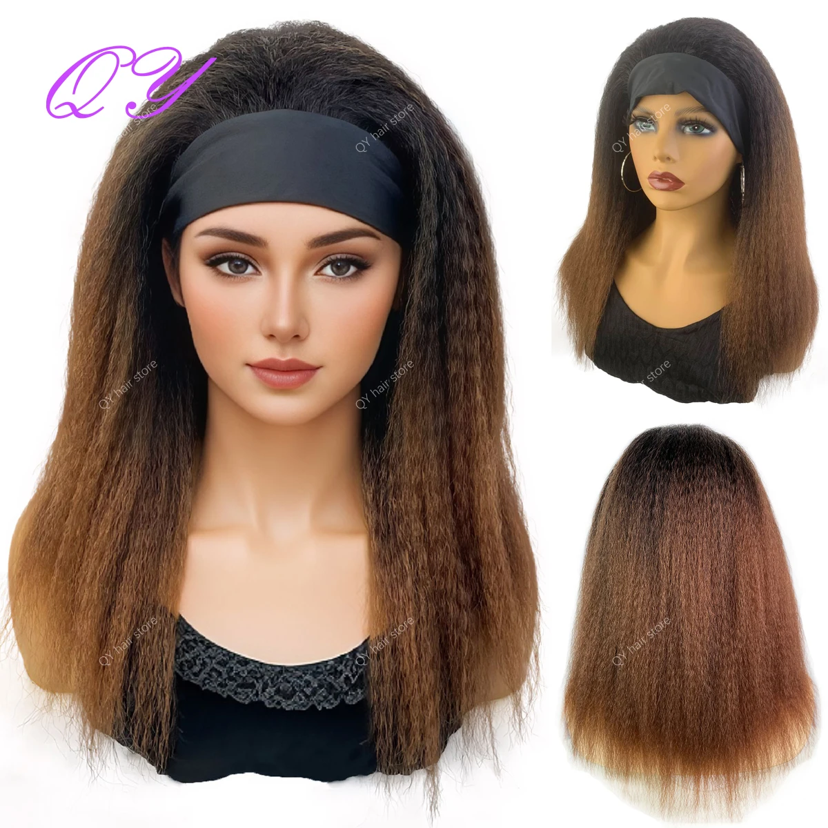 Synthetic Wig African Women Yaki Straight Headband Wigs  brownish #4 Medium Length Hairstyle Women\'s Wig Daily Ladies Turban Wig