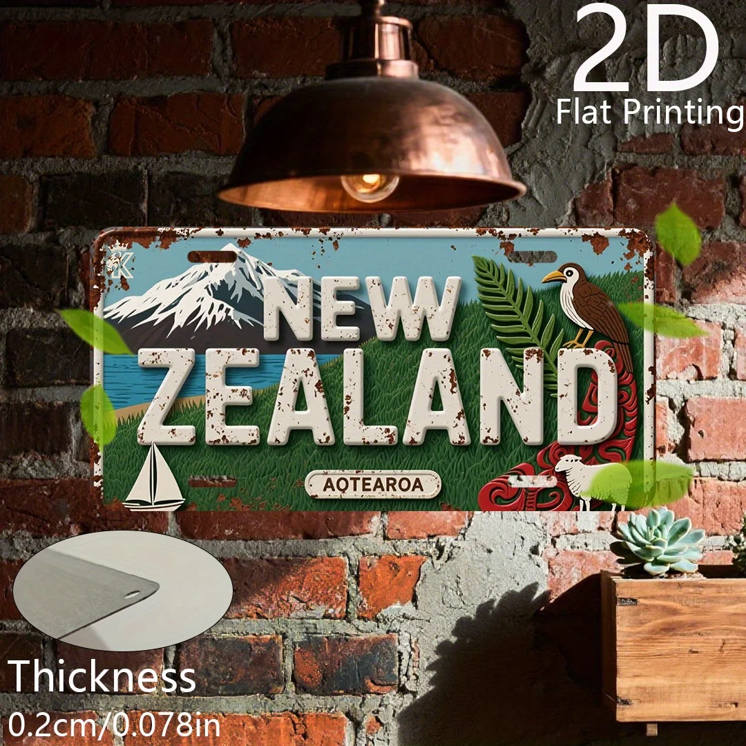 Letrero Decorativo de Pared de Aluminio Plano 2D con Diseño Vintage de Kiwi, Paisaje de Montaña, Aves Kiwi y Ovejas de Nueva Zelanda (AOTEAROA)