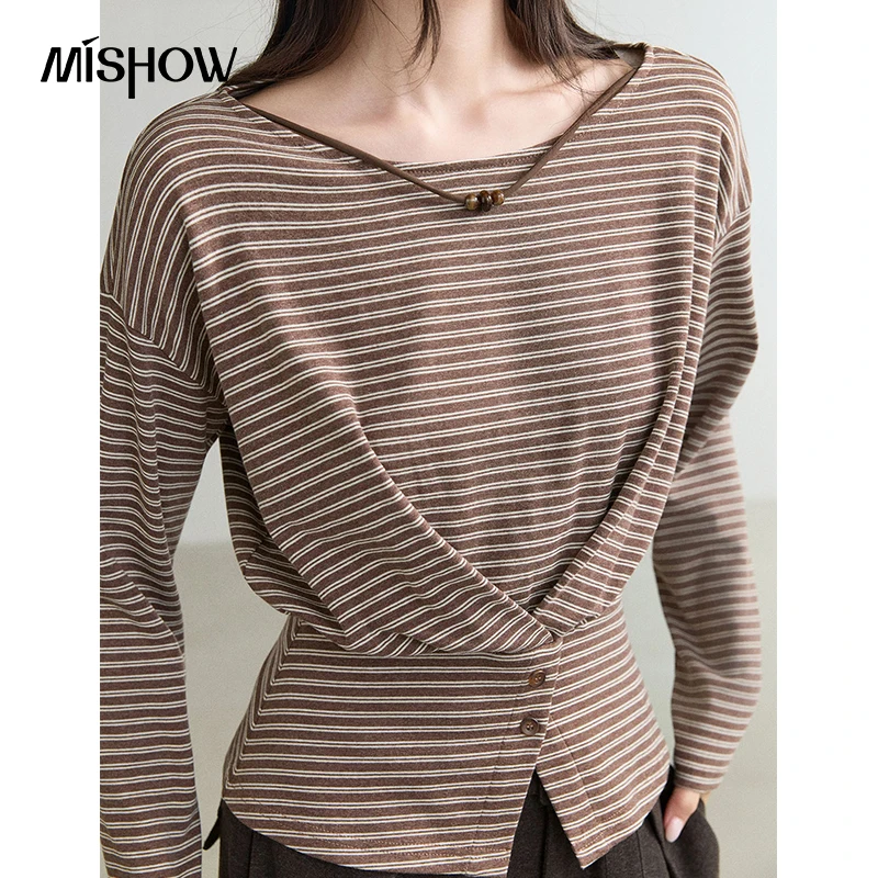 MISHOW Korean Striped Knit Long Sleeve T-shirt 2026 Autumn Bead Neckline Twisted Waist Tees Slim Casual Fashion Tops MXF44T3181 image 2