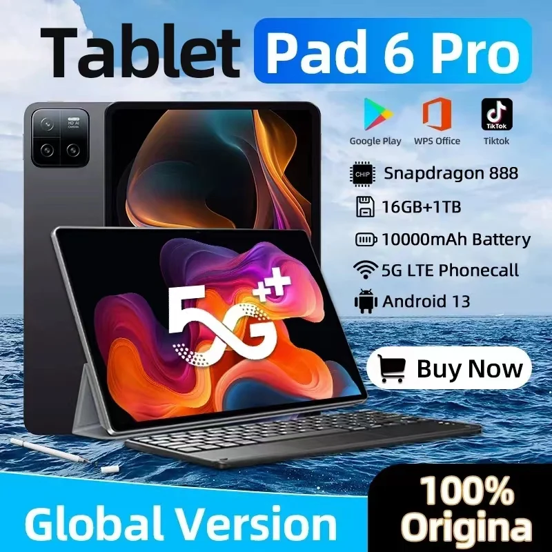 2024 오리지널 글로벌 버전 패드 6 프로 태블릿 PC, 안드로이드 13, 스냅드래곤 888, 10000mAh, 11 인치, 16GB + 1024GB, 5G HD, 4K 화면, 와이파이 Mi