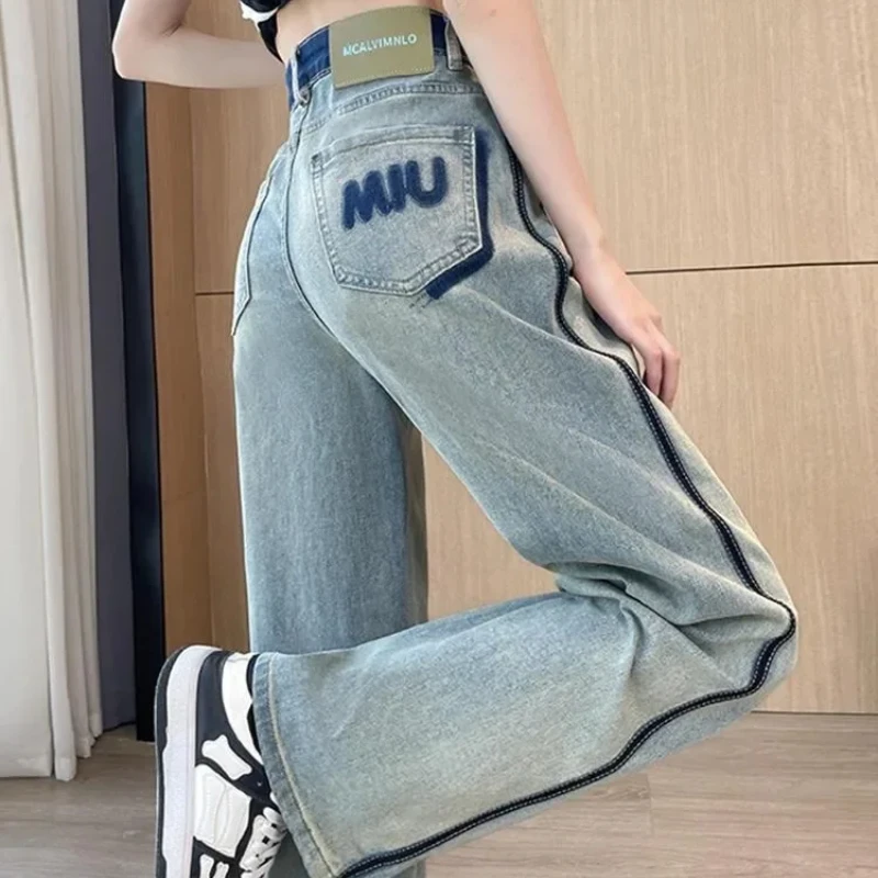 Straight Leg Trousers High Waist Shot Women's Jeans Letter Cowboy Pants for Woman A Stretched Z Aesthetic Good Quality Summer R