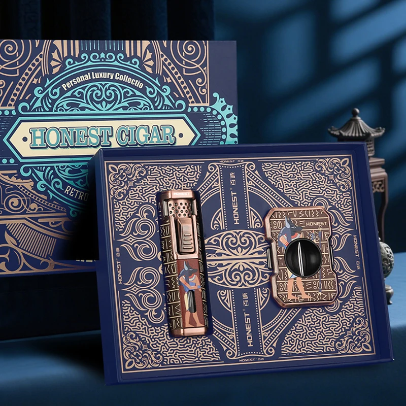 

Exquisite Lighter Gift Box Single Blue Flame Lighter V-shaped Cigar Cutter Cubic Embossed Pattern Gift Cigar Tools