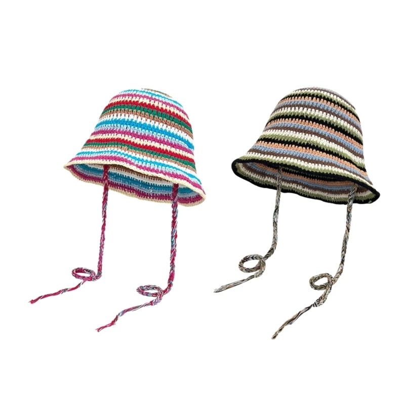 

Женская вязаная крючком рыбацкая шляпа в полоску с широкими полями, солнцезащитная кепка, Прямая поставка