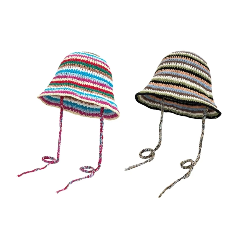 

Ladies Crochet Stripe Pattern Fisherman Hat Wide Brim Bucket Hat Sunproof Dropship