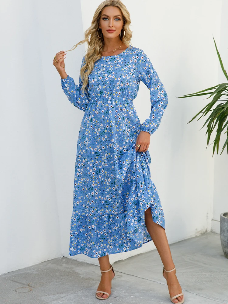 

Women Elegant Floral Printed Long Dress Spring Summer Casual O Neck Long Sleeve Dress Ladies Chic High Waist A Line Beach Dress