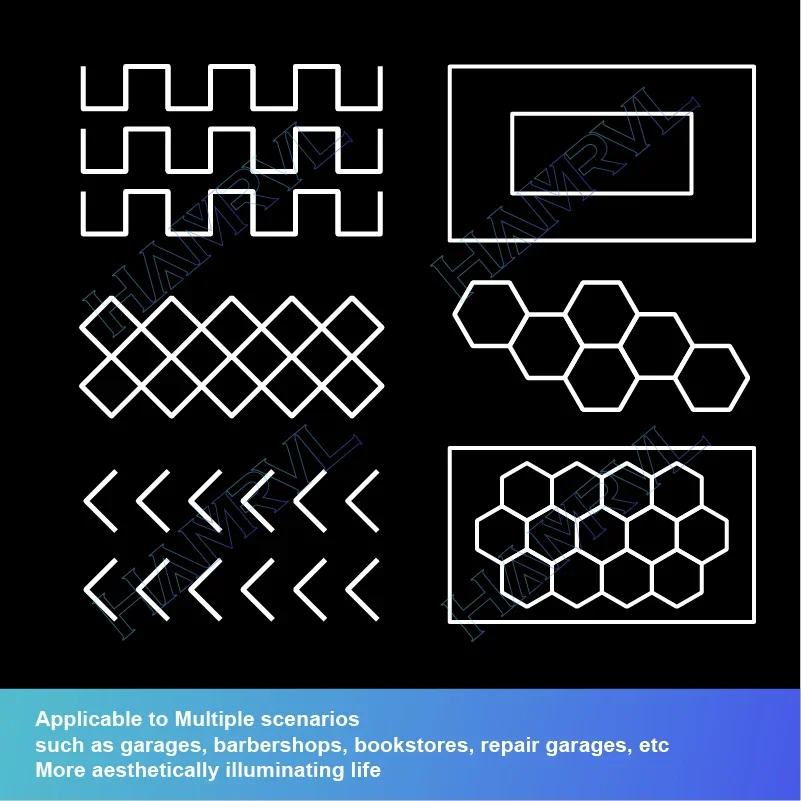 

Large set hexagonal LED honeycomb ceiling lights 6000K-6500k color temperature suitable for garage/workshop/exhibition lighting