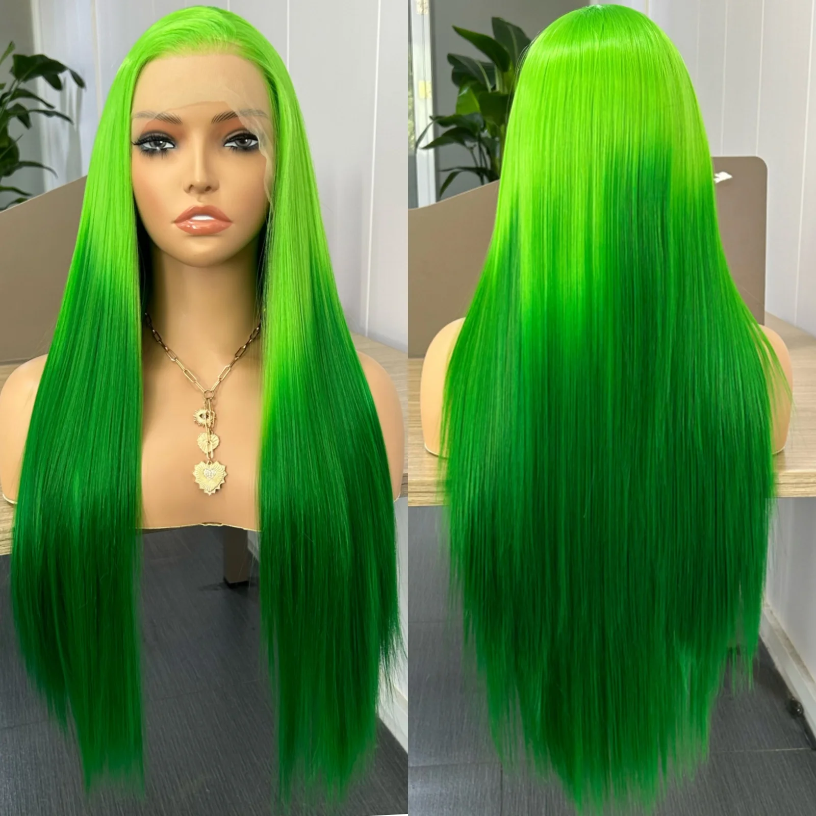 

Ombre Wigs for Women Long Silky Straight Synthetic Hair Free Part Yaki Highlight Ombre Green Two Tones 13X4 Lace Glueless Wig