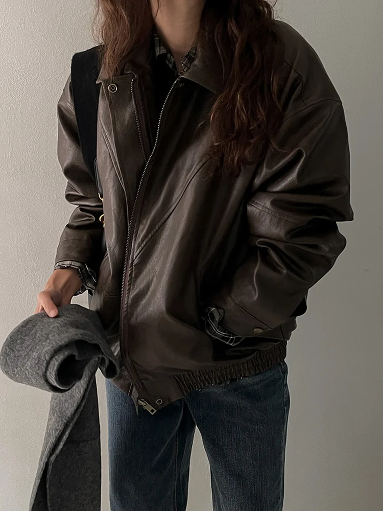 أوائل الخريف الحصري الرجعية Sli بو الجلود Jaet تصميم سستة طوق معطف فضفاض ملابس خارجية معطف السيدات Faionable #4