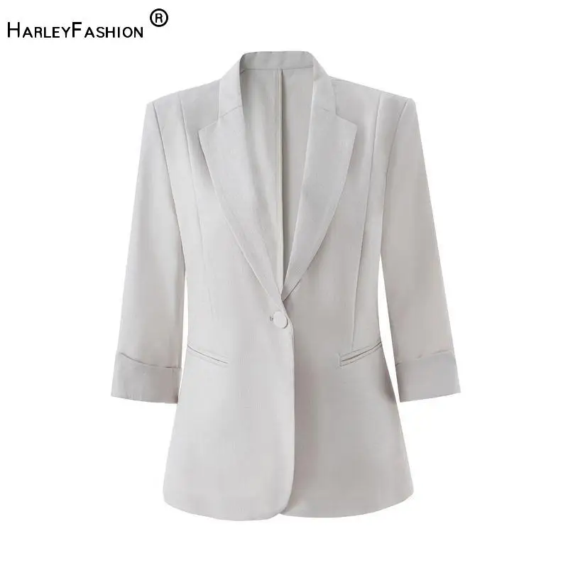 

6Colors In Stock Lady Summer Office Casual Wear Notched Single Button Fold Three Quarter Sleeve Solid Blazer for Women