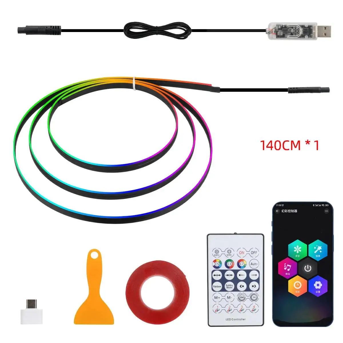 140cm/55.1 polegadas luzes ambientais do carro 1 em 1 universal LED sinfonia RGB atmosfera lâmpada USB APP remoto