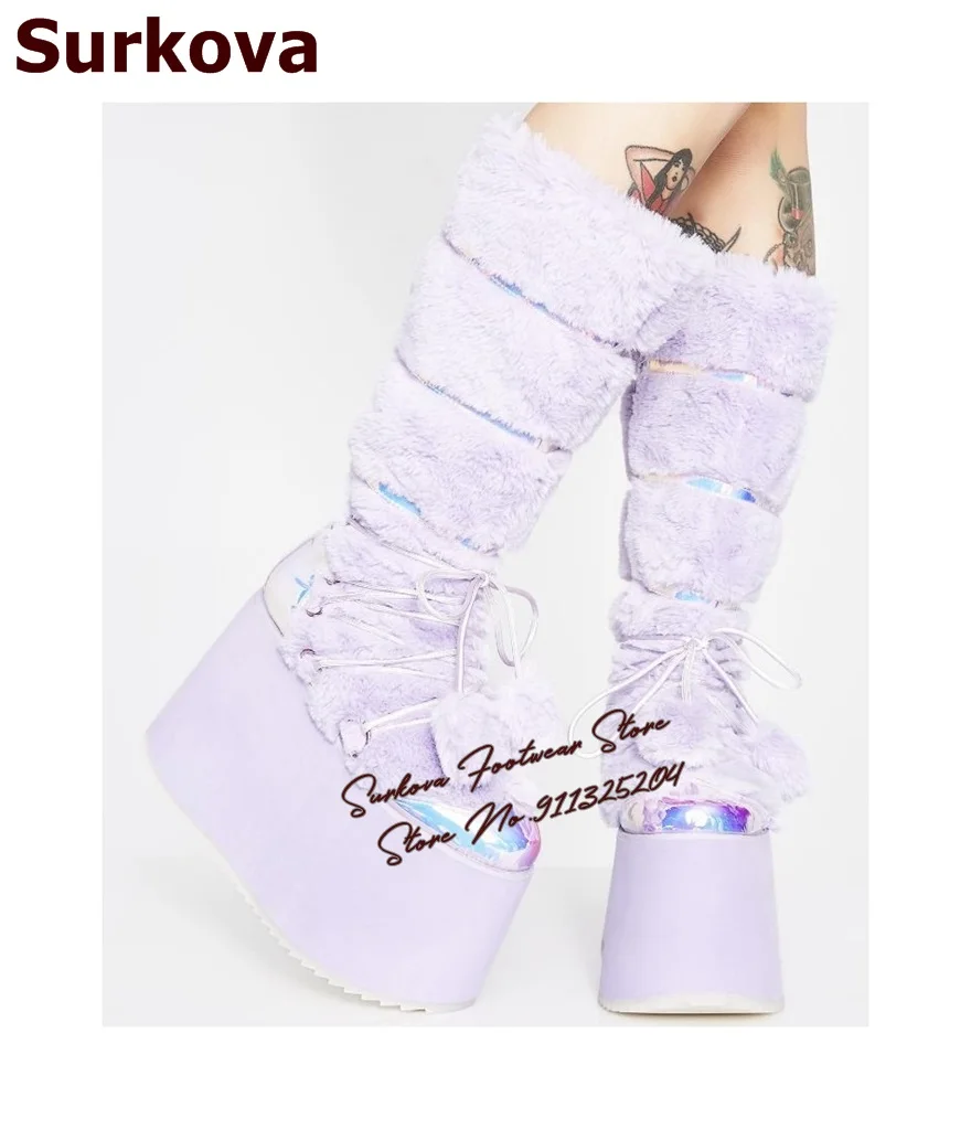Surkova Purple High Platform Sole Fur Mid-Calf Boots Hologram Iridescent Soft Plush Middle Boots Pom Pom Lace-Up Winter Shoes