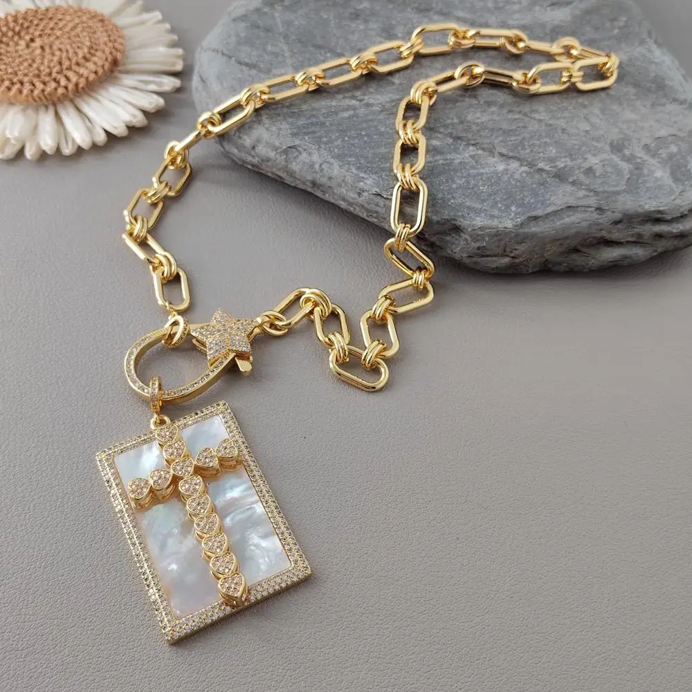 Y·YING Real White Sea Shell Cz Crucifix Rectangle Pendant Necklaces Fashion Jewelry Gifts