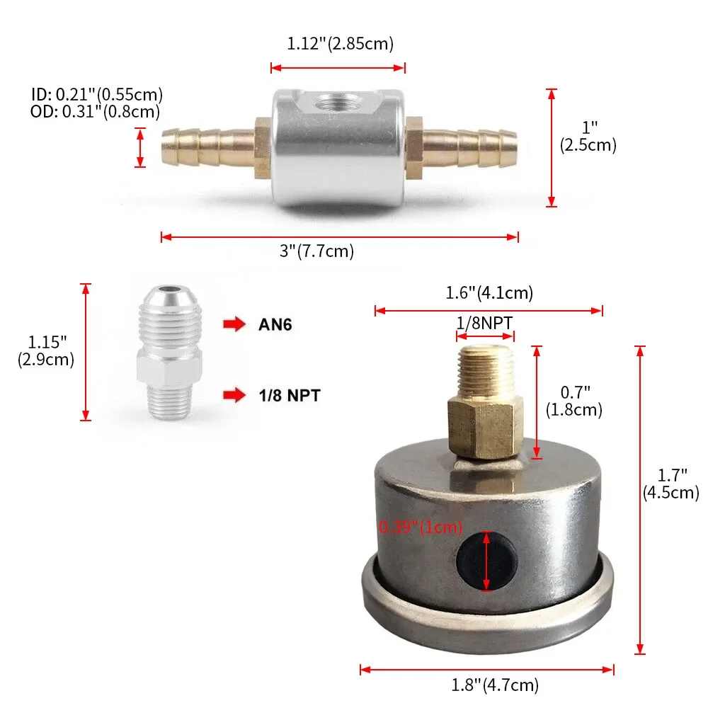 Universal 1/8 NPT Fuel Pressure Gauge 0-100psi  Liquid Filled Polished Case and Adaptor Kit for Fuel Injection Systems
