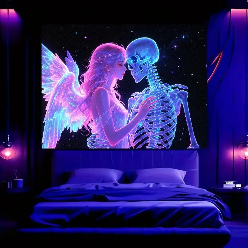 VIKAMA Angel Skeleton Couple Tapestry, Neon-Style Winged Girl Polyester Wall Hanging, Gothic Romantic Home Wall Decoration