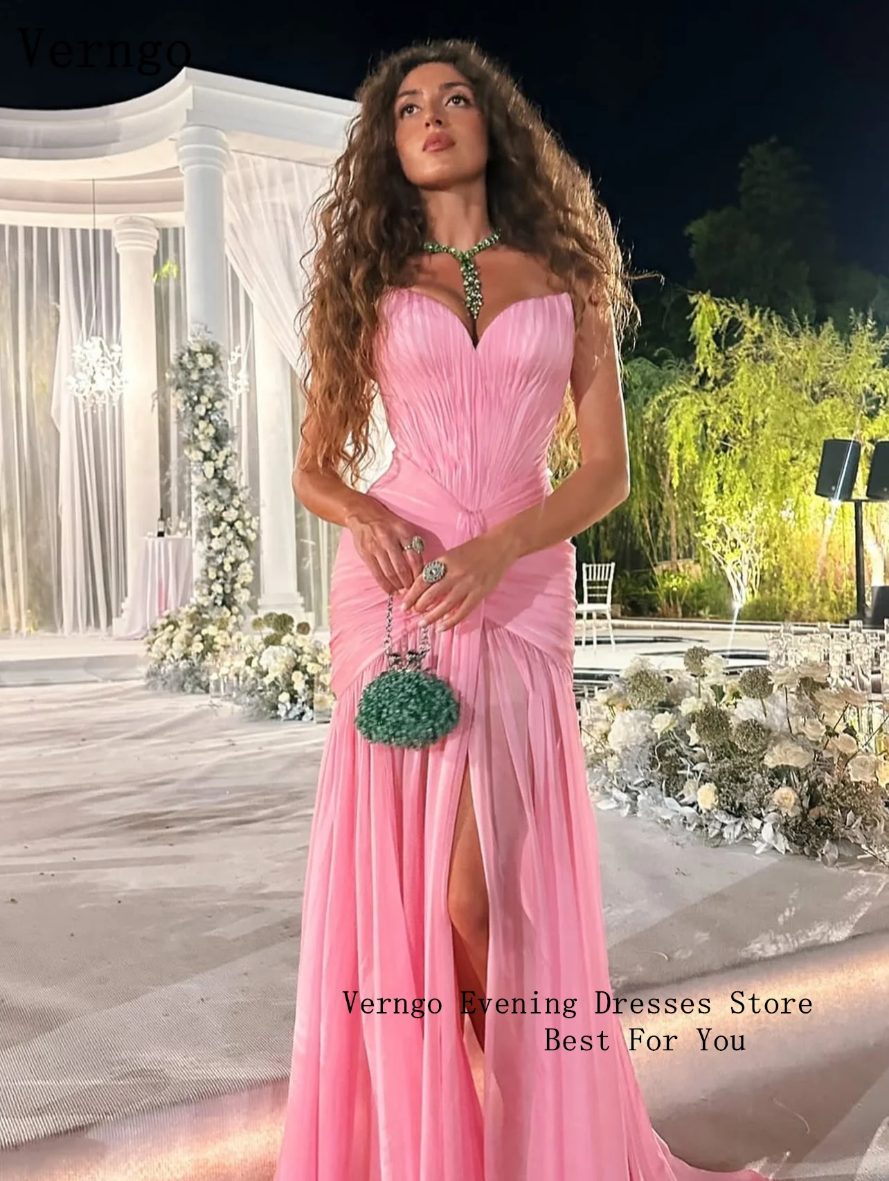 Verngo Rosa Abendkleid, elegantes, herzförmiges Maxi-Abschlussballkleid in A-Linie, fließendes, handgefaltetes Seiden-Abschlussball-Partykleid, individuell gestaltet