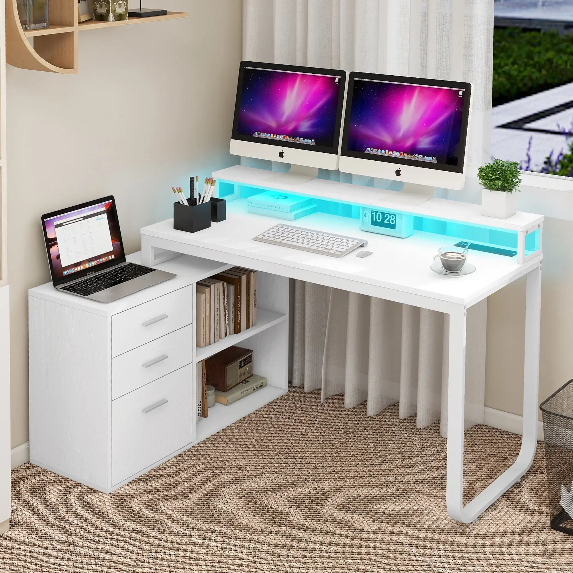 

Shaped Desk with Power Outlets and Monitor Stand , Computer Desk with LED Light &File Cabinet, Corner Desk