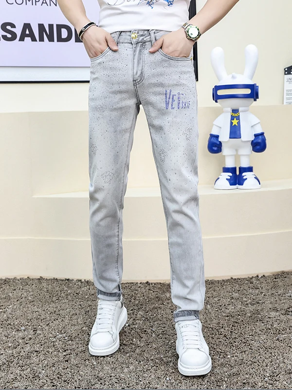 

Ele Men's Slim Fit Jeans with Rhinestones Casual Lightweight Summer Cotton Stretch Denim Light ey Casual Long Pants