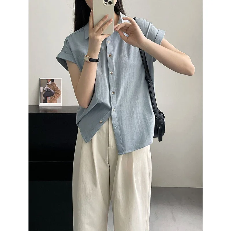 Korean Blouse 2024 New Summer Women\'s Fashion Loose Casual Polo-Neck Spliced Pockets Button Short Sleeve Solid Color Shirt Tops