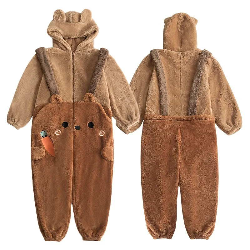 Women Flannel Cartoon Kigurumi Bear Pajamas Hooded Onesie Winter Adults Animal Halloween Christmas Cosplay Sleepwear Jumpsuits