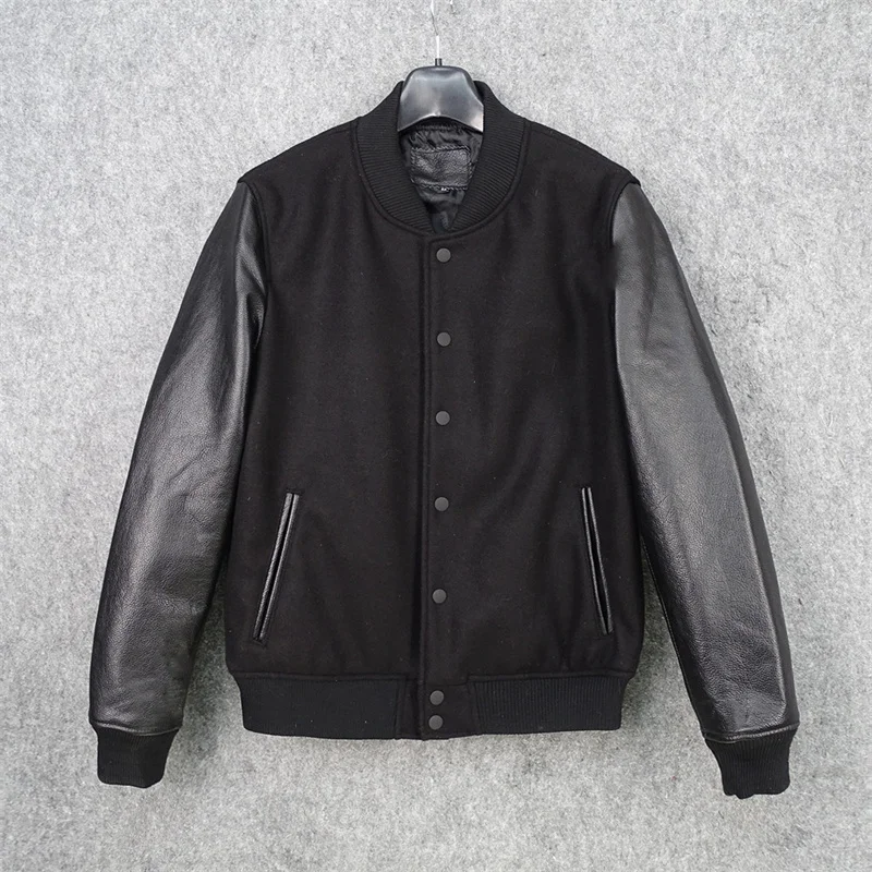 Men's Short Style Baseball Jacket Genuine Top Layer Cowhide Leather Coat Woolen Cuff Single Button Closure Fashion Urban