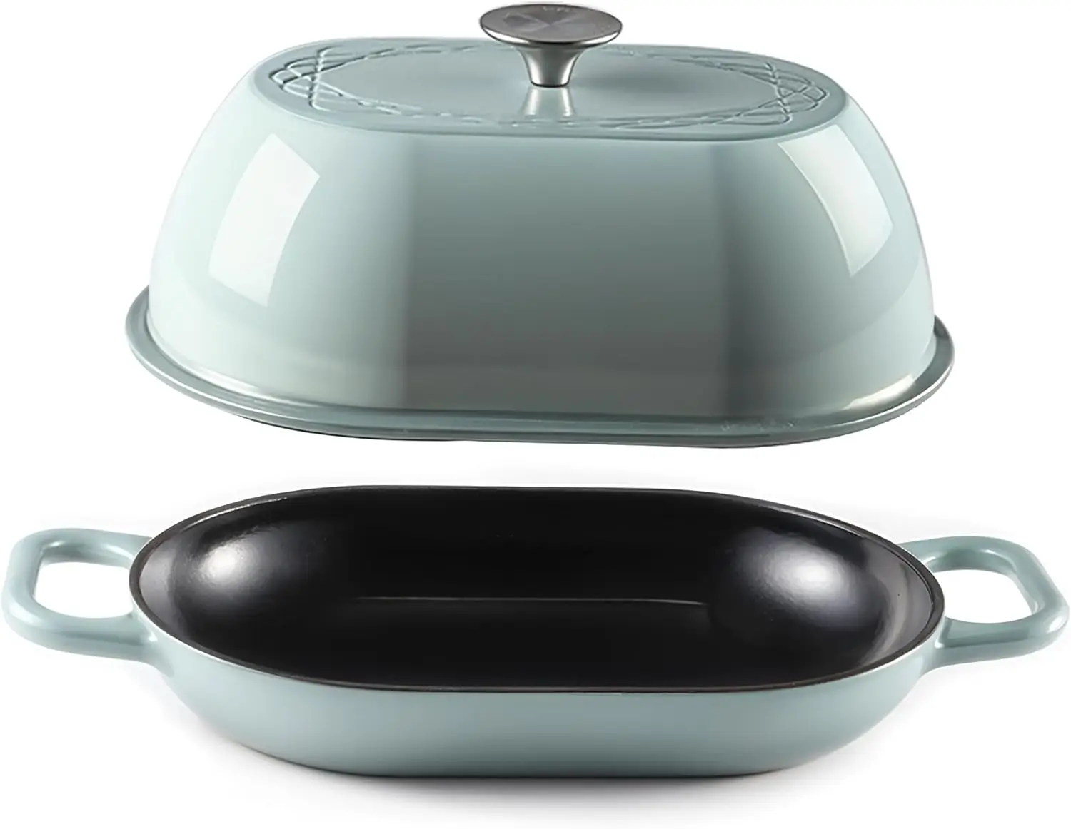 فرن هولندي من الحديد الزهر المطلي بالمينا لخبز العجين المخمر الاحترافي |   وعاء أواني طهي بيضاوي بحجم رغيف سعة 5.5 لتر مع غطاء |   الثلاثي-