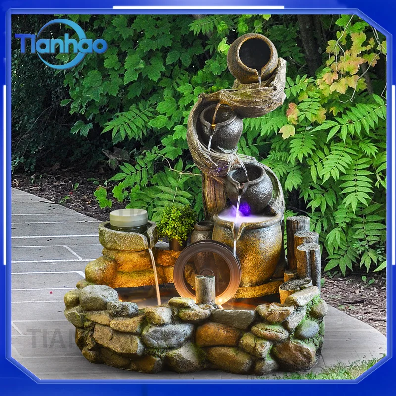 Resin Fountain Water Feature Ornament for Garden Yard Patio Entryway Landscape Decoration with Artificial Rock and Fish Pond