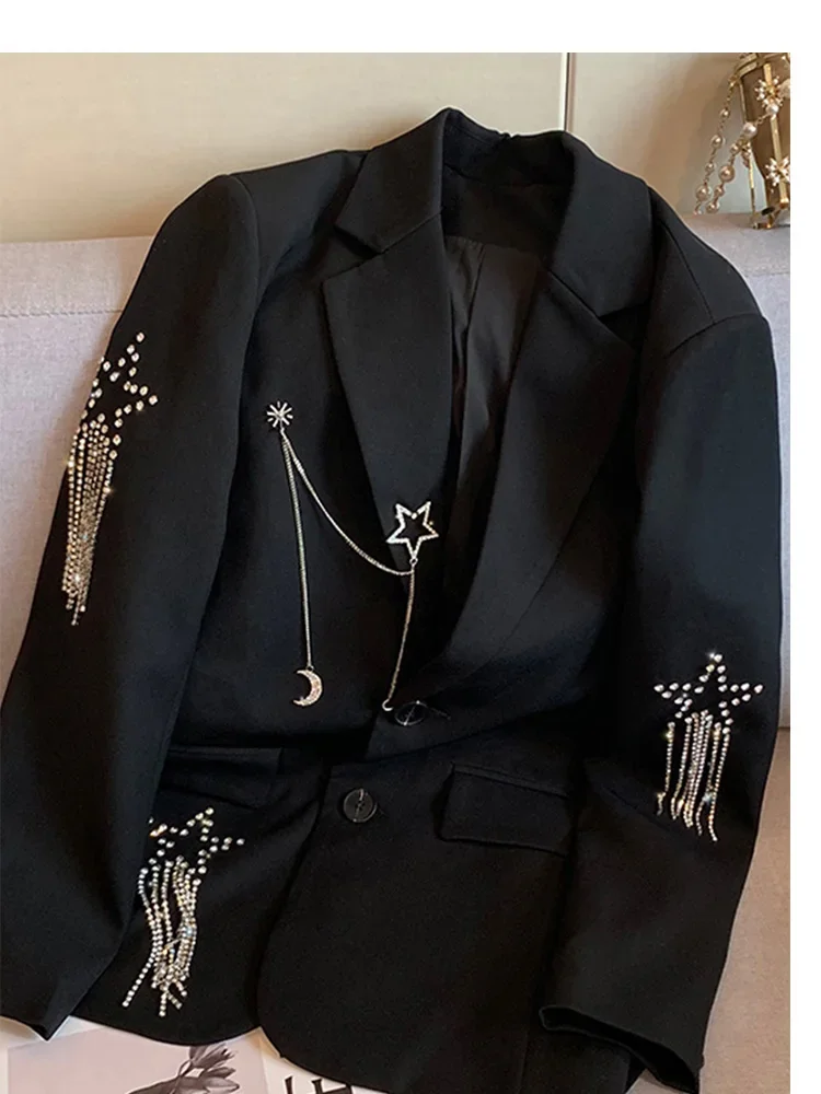 2024 Autumn Black Casual Fashion  Elegant Women\'s Blazer Double-breasted Chain Star Sequins Coat Gothic Jacket Streetwear Y2k