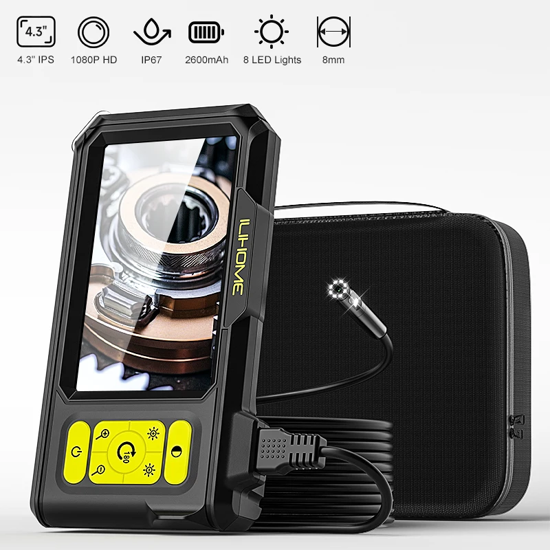Dual Endoscope Automotive Inspection Borescope 4.3 Inch IPS Screen IP67 Waterproof Plumbing Camera HD1080P 8MM Probe with LEDs