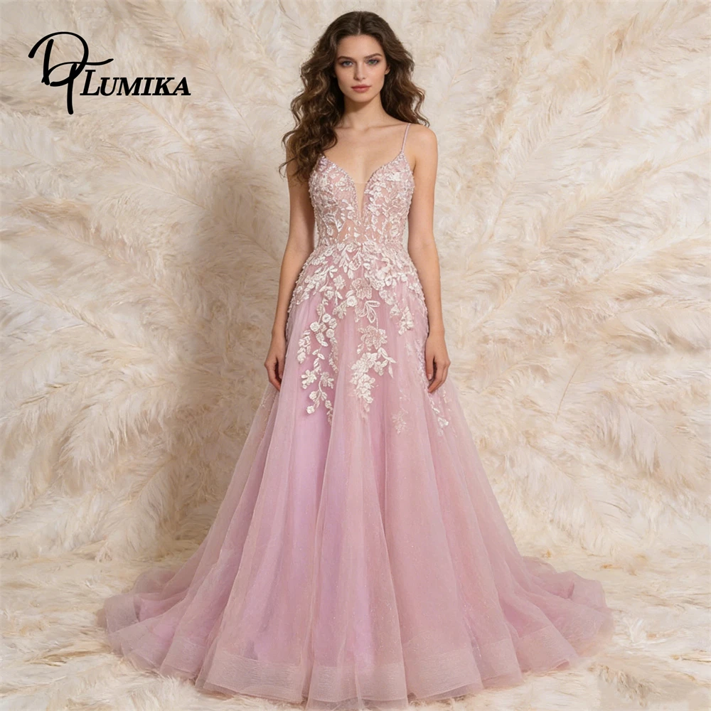 

Lace Appliques A Line Prom Dress for Women 2026, Spaghetti Straps Tulle Formal Evening Dress, Tailored Fitting Maxi Gown