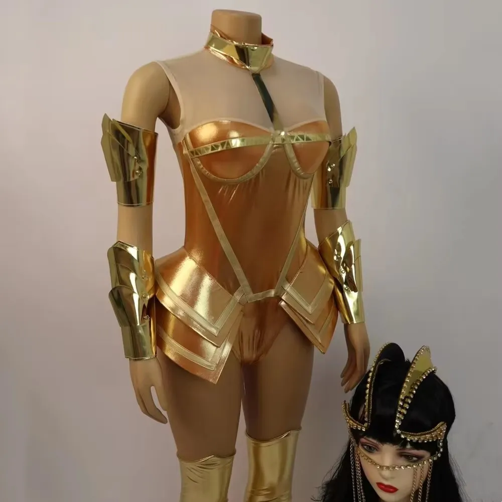 Gold Laser Bodysuit Leg Cover Women's Egypt Style Dance Outfit Leader Team Stage Wear Nightclub Singer Performance Costume