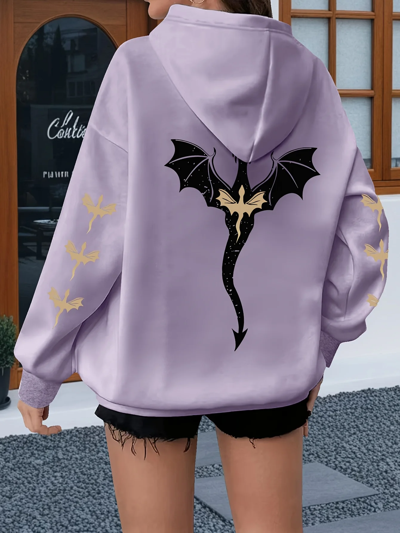 [Толстовка с рисунком дракона] Удобная женская толстовка с рисунком дракона больших размеров — повседневный пуловер с длинными рукавами и карманом-кенгуру,