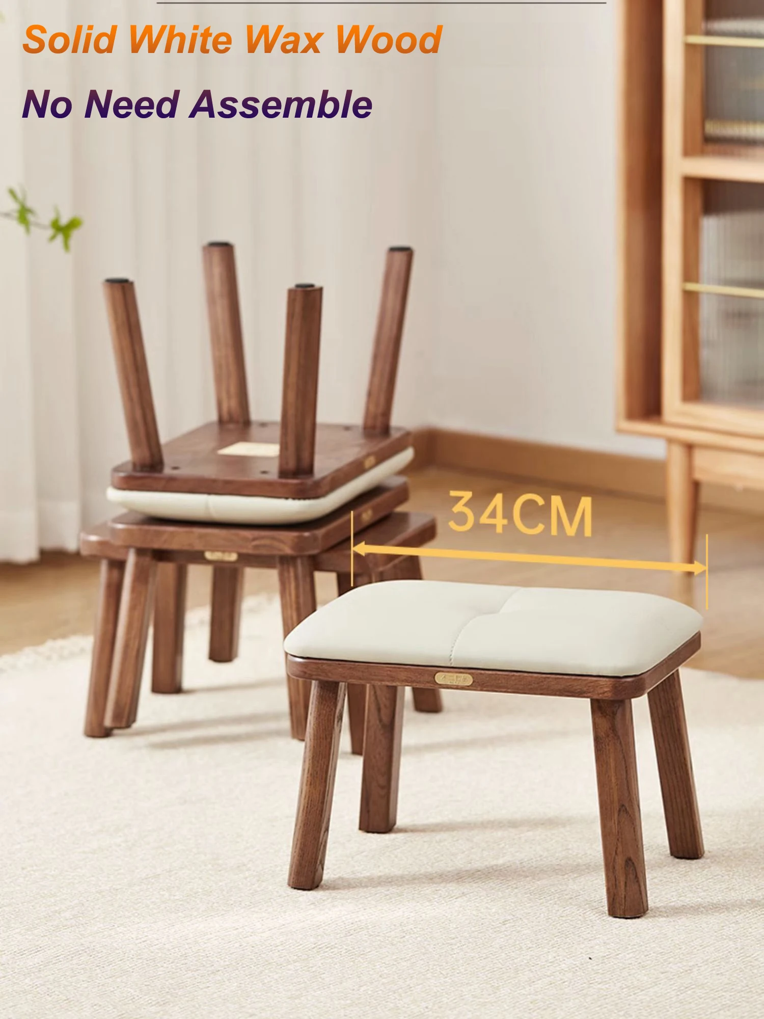 

Natural Solid White Wax Wood Stool With Soft Cushion, Living Room Small Side Table, Dining Room Stool No Need Assemble