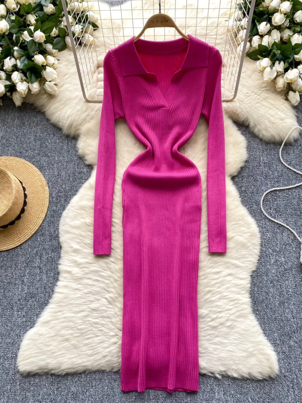 Retro Sweter z Kołnierzykiem, Długi, Wyszczuplający, Dzianinowy, Dopasowany do Sylwetki, Spódnica z Wysokim Stanem, Damska, Jesienno-Zimowa, Moda Koreańska, Elegancki