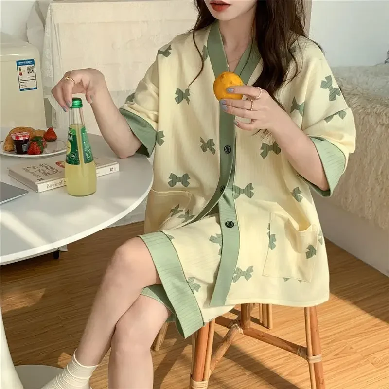 

Printing Japanese Kimono Summer Women Pajamas Sets Cotton Short Sleeves Homesuits Casual V-neck Lapel Sleepwear Duck