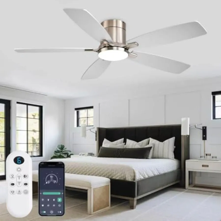 52 inch Ceiling Fans with Lights for Bedroom Indoor/Outdoor Use, Nickel Flush Mount Ceiling Fan with Light and Remote/APP Contr