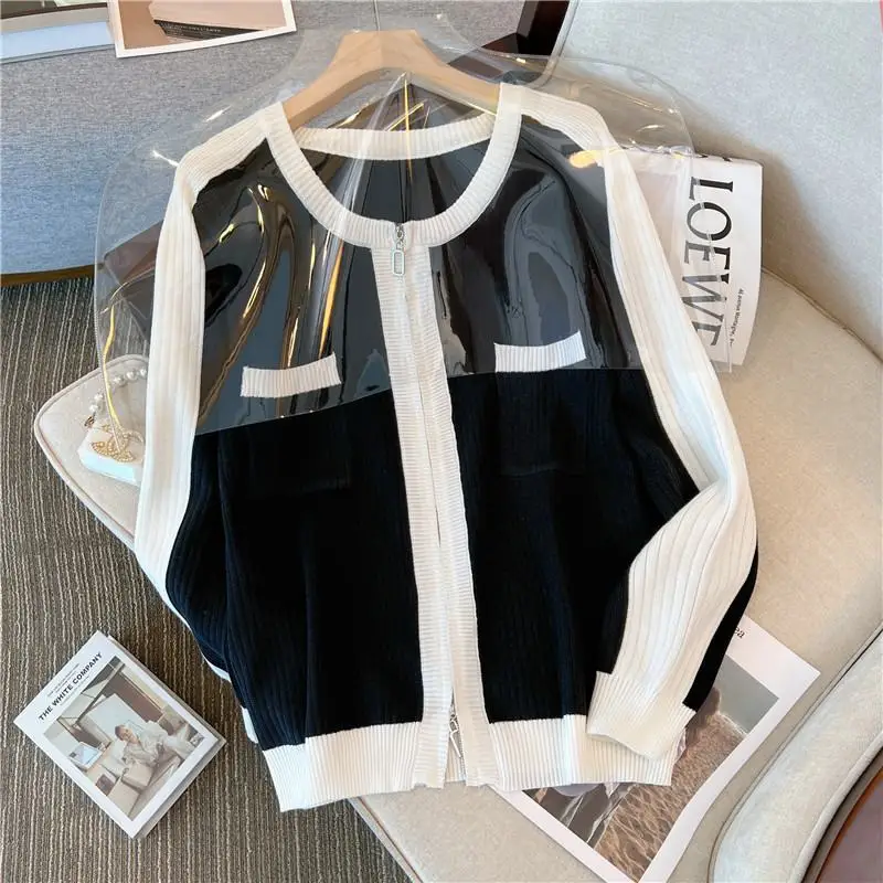 2023 New Autumn and Winter Temperament Color Contrast Patchwork Casual Loose and Versatile Oversize Small Fragrance Sweater