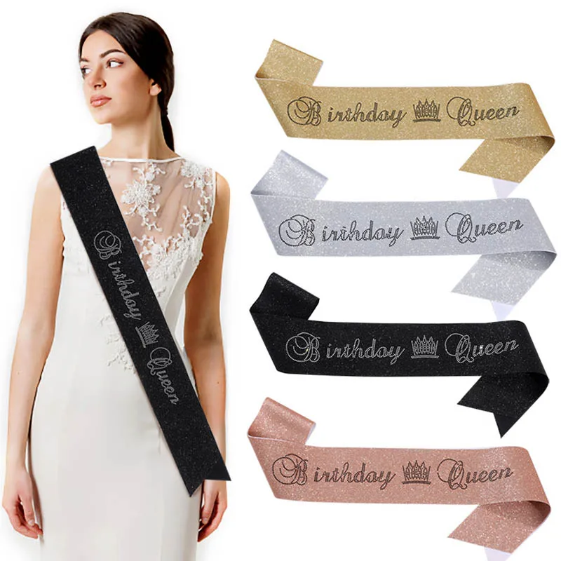 Black Birthday Queen Glitter Satin Sash for Kids Women White Crown Birthday Sashes Shoulder Girdle Ribbons Party DIY Decoration