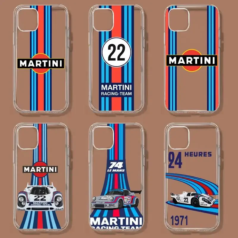 Martini Racing Stripe Phone Case For iPhone 11 12 Mini 13 14 15 Pro XS Max X 8 7 6s Plus 5 SE XR Transparent Shell