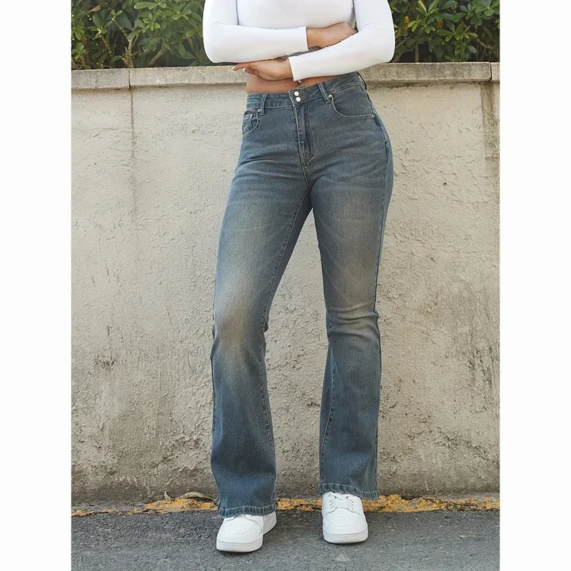 

2025 Female High Waist Thin Flared Jeans Women Stretchy Bell Bottoms Denim Pants Girls Chic Fashion Solid Double Button Trousers