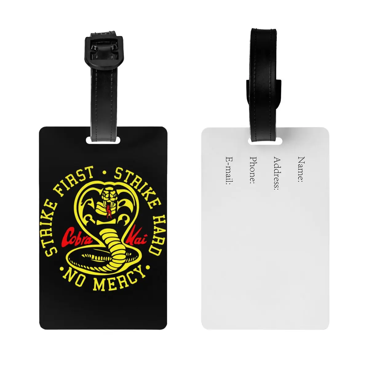 Etiqueta de equipaje Cobra Kai The Karate Kid Strike First Strike Hard, bolsa de viaje de película de los 80, Maleta, cubierta de privacidad, etiqueta de identificación