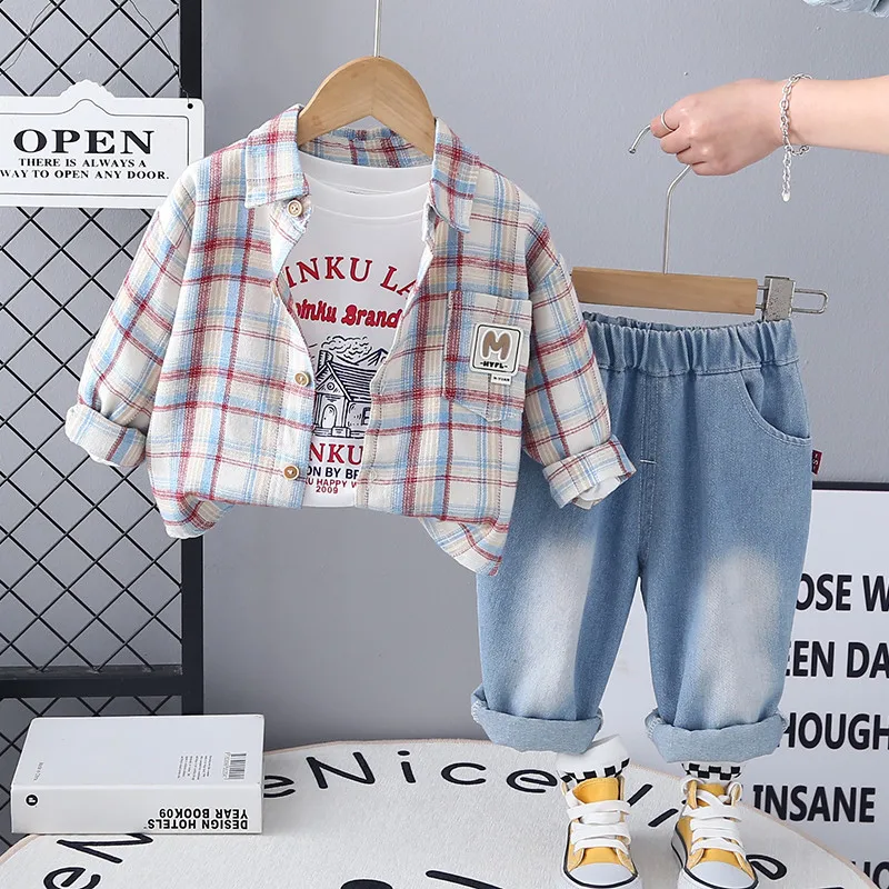 Children's Clothes Set Spring and Autumn 2026 New Boys' Baby Checkered Shirt+T-shirt+Jeans Three-piece Set 80-120cm