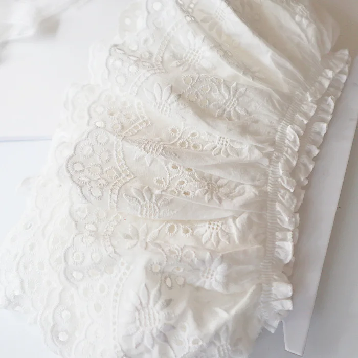 3 Yards 13.5cm wide Ivory Beige Cotton Embroidered Ruffled Lace Trim Children\'s Clothes Cloth Art Skirt Decoration Materials