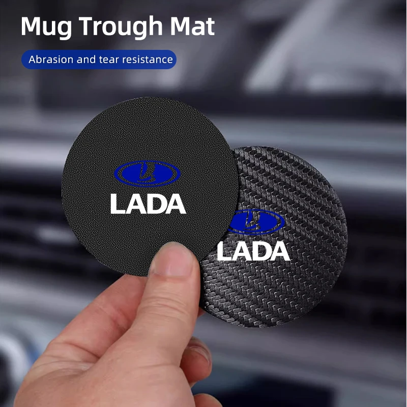 2Pcs Car Leather/Carbon Fiber Water Cup Coasters Anti-Slip Pads For Lada Priora Sedan Sport Kalina Granta Vesta Niva Largus Vaz