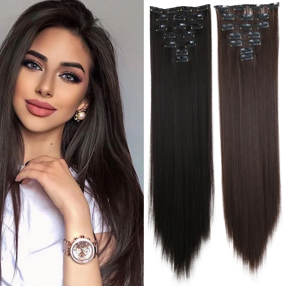 7Pcs 16 Clips Clip In Hair Extensions 150g Long Straight Synthetic Hair Pieces For Women Natural Black Brown Highlight Blonde
